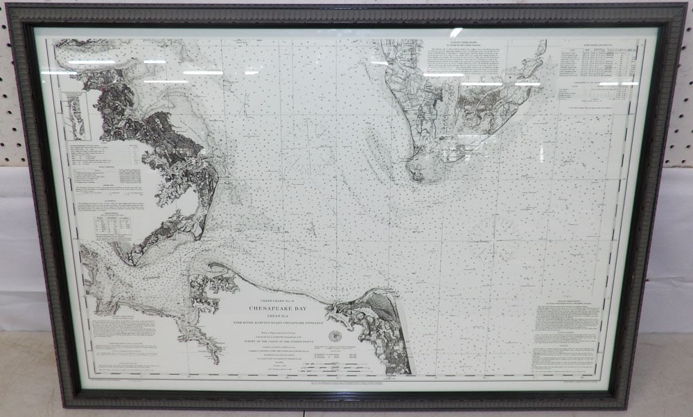Framed Map of Chesapeake Bay: Framed Map of Chesapeake Bay . 24 1/2" x 35 1/2" "ALL DESCRIPTIONS AND ANY CONDITION STATEMENT GIVEN BY LANGSTON AUCTION GALLERY ARE STRICTLY OPINIONS AND LANGSTON'S SHALL HAVE NO RESPONSIBILITY FOR