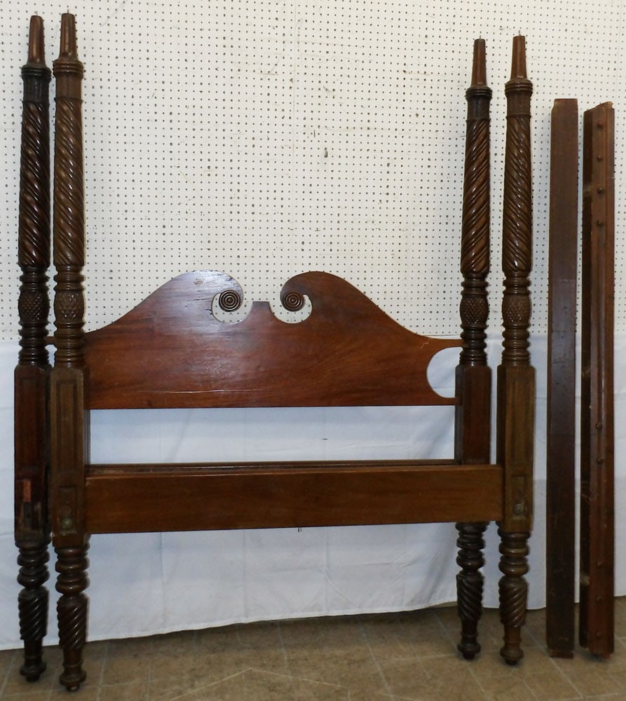 19th Century Carved Mahogany Twist Four Post Bed with Rails (1 of 5)