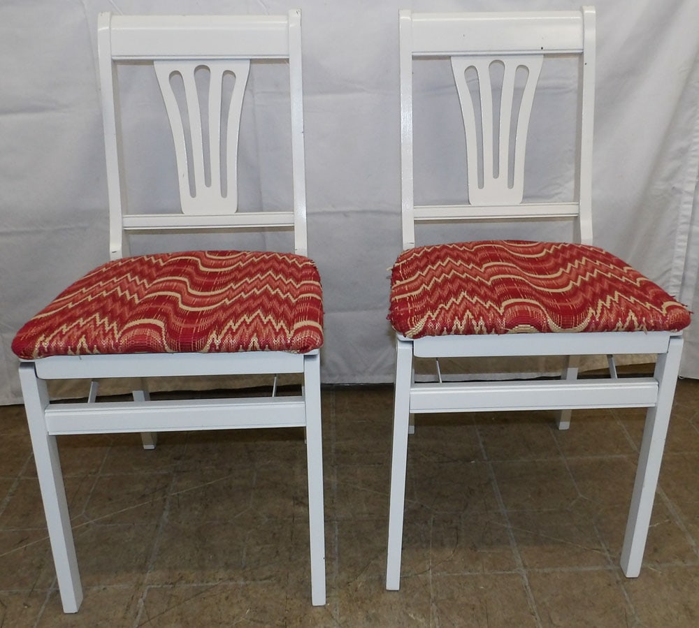 Two Painted Wood Folding Chairs by S. Takmore: Two Painted Wood Folding Chairs by S. Takmore. 33" H 14" W "ALL DESCRIPTIONS AND ANY CONDITION STATEMENT GIVEN BY LANGSTON AUCTION GALLERY ARE STRICTLY OPINIONS AND LANGSTON'S SHALL HAVE NO