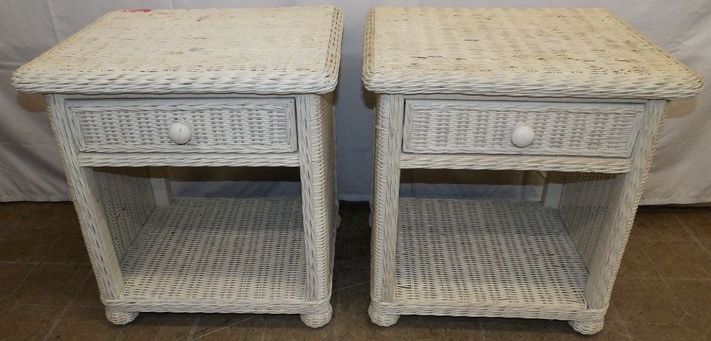 Pair of Painted Wicker One Drawer Night Stands: Pair of Painted Wicker One Drawer Night Stands. 22 3/4" H 21" W 18" D "ALL DESCRIPTIONS AND ANY CONDITION STATEMENT GIVEN BY LANGSTON AUCTION GALLERY ARE STRICTLY OPINIONS AND LANGSTON'S SHALL HAVE