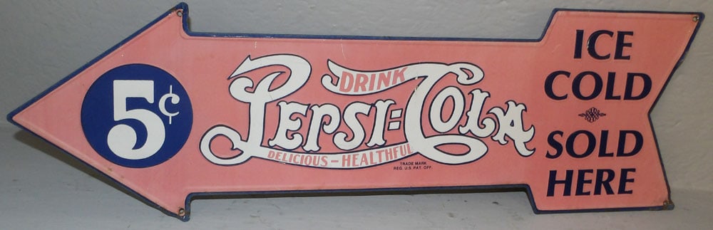 Painted Metal Pepsi Cola Sign: Painted Metal Pepsi Cola Sign. 27" x 8 3/4" "ALL DESCRIPTIONS AND ANY CONDITION STATEMENT GIVEN BY LANGSTON AUCTION GALLERY ARE STRICTLY OPINIONS AND LANGSTON'S SHALL HAVE NO RESPONSIBILITY FOR
