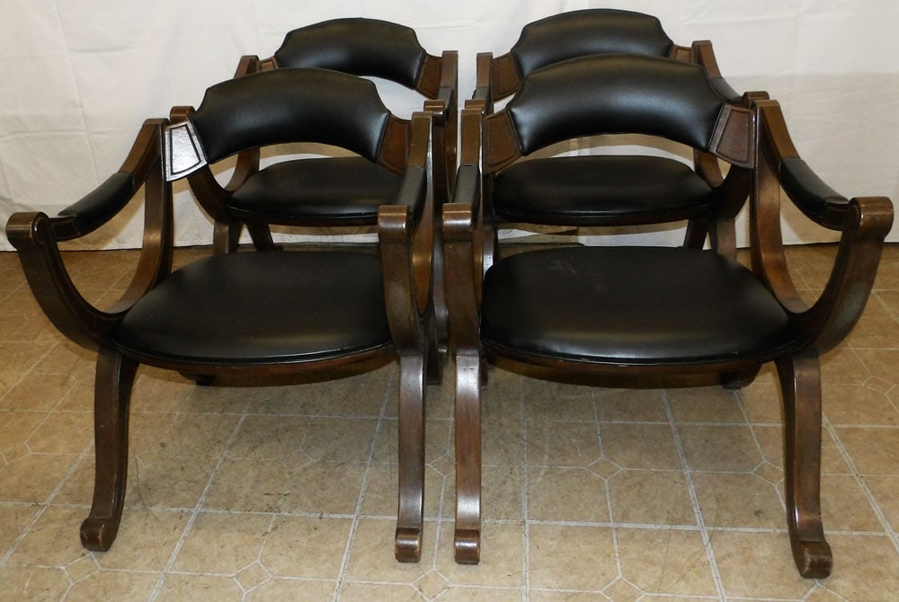 Set of Four Mid Century Modern Walnut Arm Chairs by Drexel: Set of Four Mid Century Modern Walnut Arm Chairs by Drexel. 28" H 23 1/4" W 24" D "ALL DESCRIPTIONS AND ANY CONDITION STATEMENT GIVEN BY LANGSTON AUCTION GALLERY ARE STRICTLY OPINIONS AND LANGSTON'S