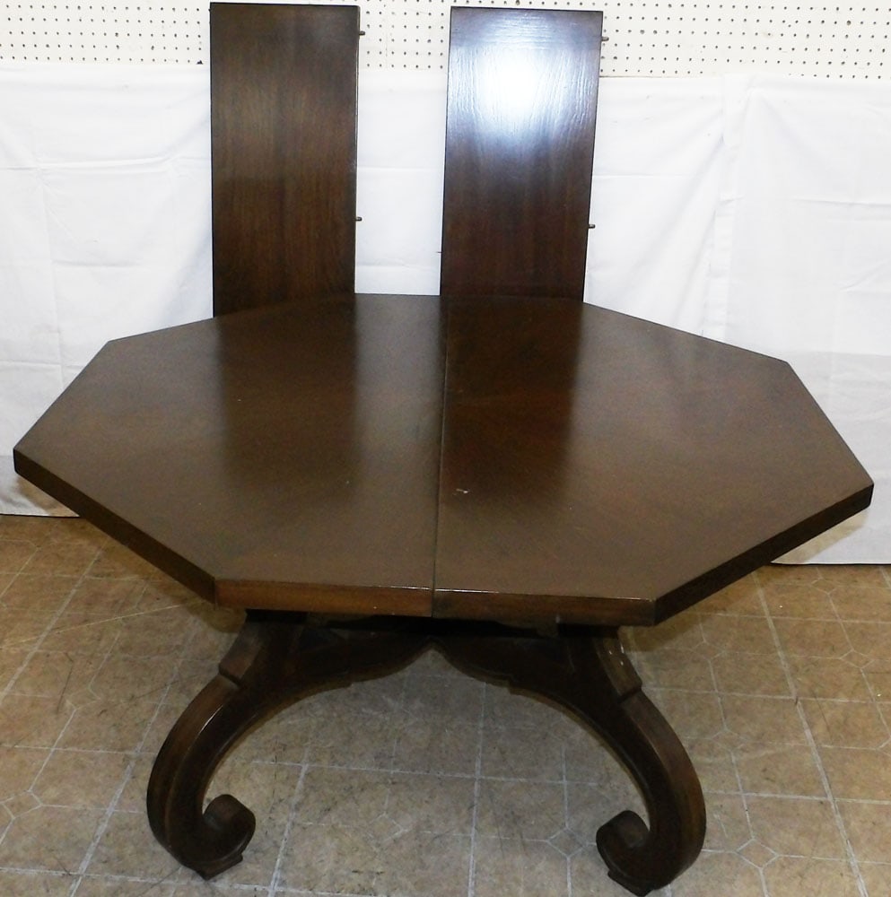 Hexagonal Shaped Walnut Pedestal Base Table with Two Leaves by Drexel: Hexagonal Shaped Walnut Pedestal Base Table with Two Leaves by Drexel. 26 1/2" H 72" L 48" W "ALL DESCRIPTIONS AND ANY CONDITION STATEMENT GIVEN BY LANGSTON AUCTION GALLERY ARE STRICTLY OPINIONS AND