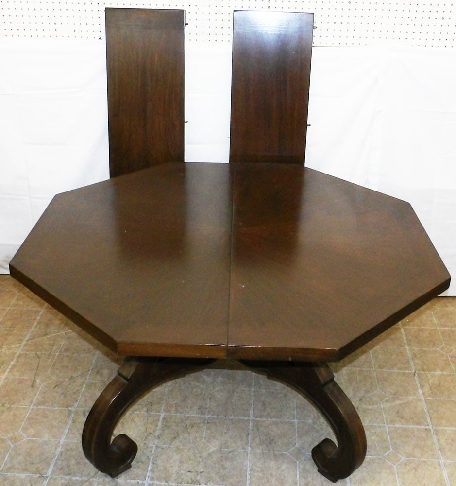 Hexagonal Shaped Walnut Pedestal Base Table with Two Leaves by Drexel - 2