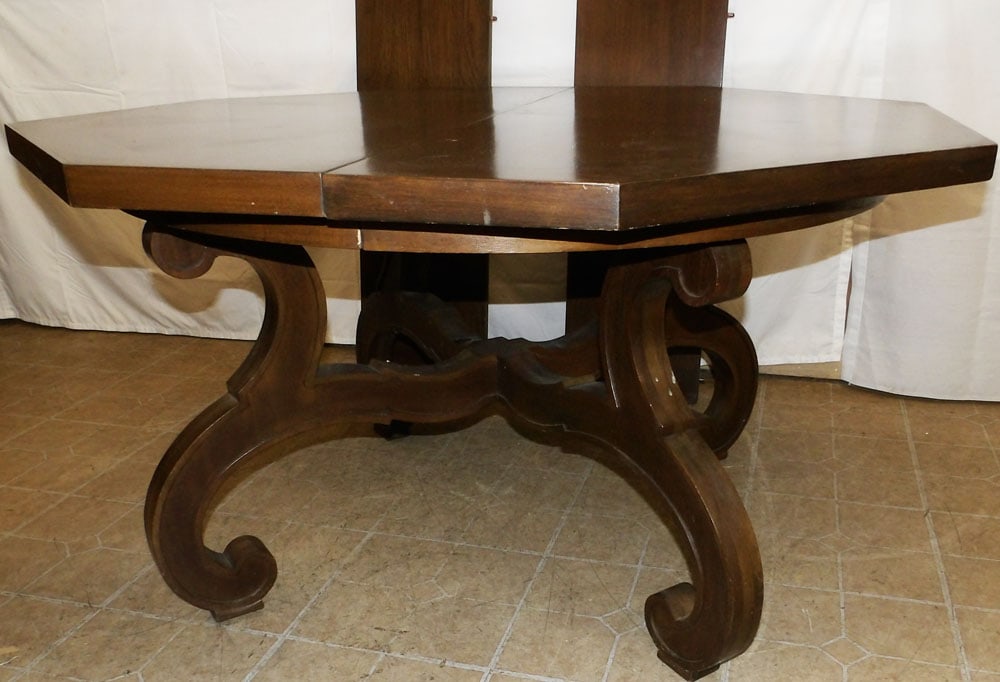 Hexagonal Shaped Walnut Pedestal Base Table with Two Leaves by Drexel - 3