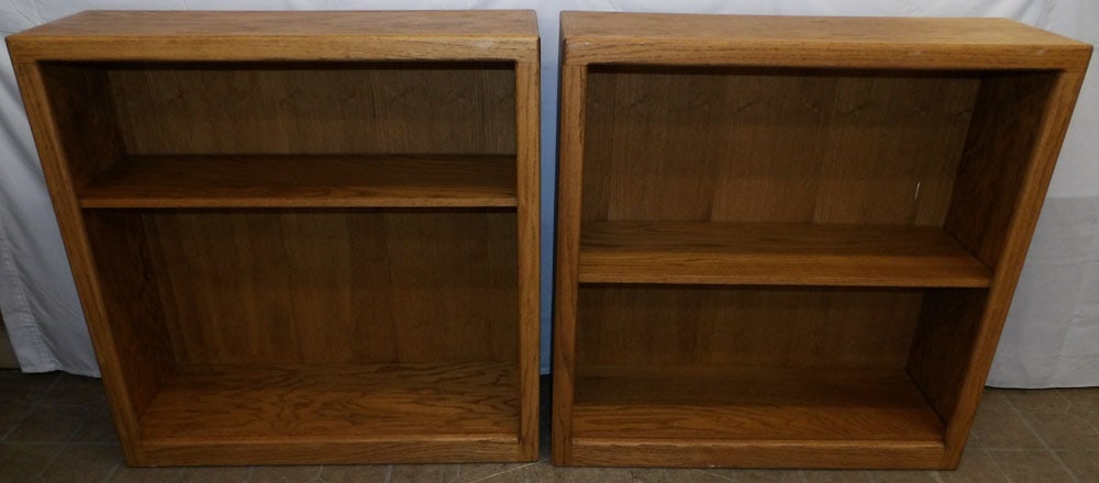 Pair of Modern Oak Open Bookshelves: Pair of Modern Oak Open Bookshelves . 36 1/4" H 36" W 12" D "ALL DESCRIPTIONS AND ANY CONDITION STATEMENT GIVEN BY LANGSTON AUCTION GALLERY ARE STRICTLY OPINIONS AND LANGSTON'S SHALL HAVE NO