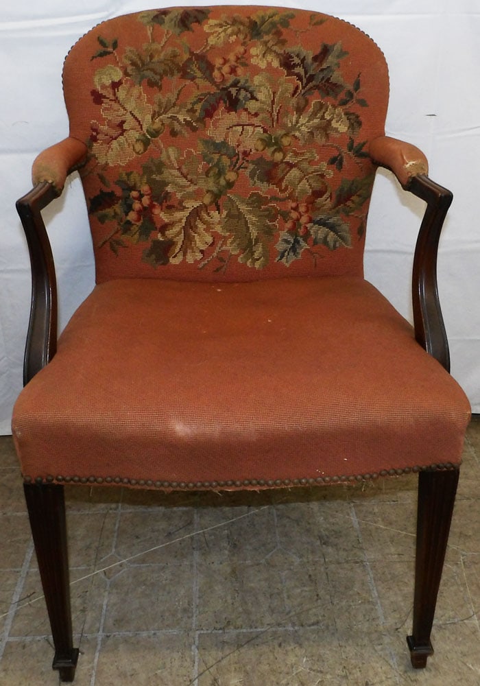 Antique Mahogany & Needlepoint Upholstered Arm Chair: Antique Mahogany & Needlepoint Upholstered Arm Chair . 35 1/2" H 23 1/2" W 25" D "ALL DESCRIPTIONS AND ANY CONDITION STATEMENT GIVEN BY LANGSTON AUCTION GALLERY ARE STRICTLY OPINIONS AND LANGSTON'S