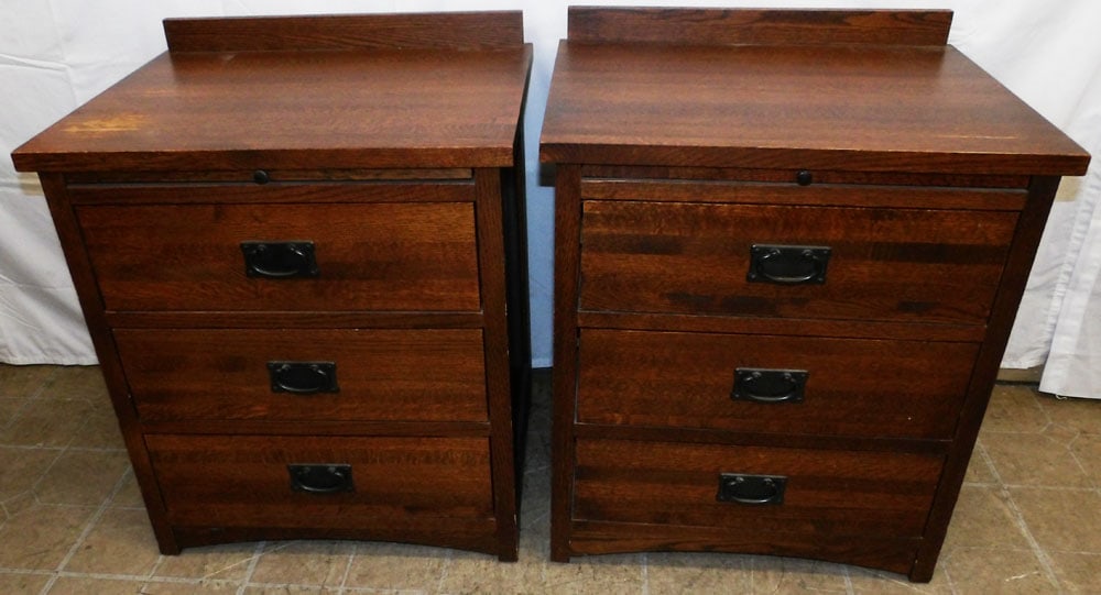 Pair of Modern Mission Oak Three Drawer Night Stands with Slides: Pair of Modern Mission Oak Three Drawer Night Stands with Slides. 29" H 24" W 19 1/4" D "ALL DESCRIPTIONS AND ANY CONDITION STATEMENT GIVEN BY LANGSTON AUCTION GALLERY ARE STRICTLY OPINIONS AND