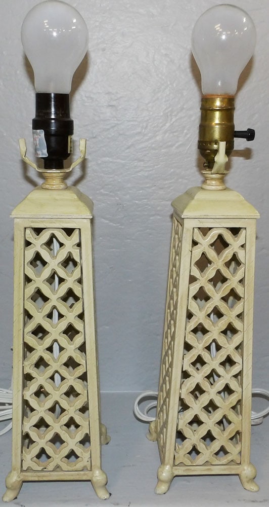 Pair of Painted Metal Open Work Lamps: Pair of Painted Metal Open Work Lamps . 15 1/2" H 4 1/4" Dia. "ALL DESCRIPTIONS AND ANY CONDITION STATEMENT GIVEN BY LANGSTON AUCTION GALLERY ARE STRICTLY OPINIONS AND LANGSTON'S SHALL HAVE NO