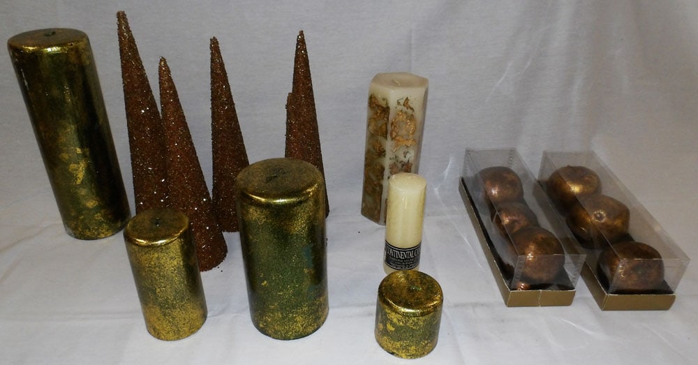 Lot of Candles & Decorative Items: Lot of Candles & Decorative Items . Up to 12" H 4" Dia. "ALL DESCRIPTIONS AND ANY CONDITION STATEMENT GIVEN BY LANGSTON AUCTION GALLERY ARE STRICTLY OPINIONS AND LANGSTON'S SHALL HAVE NO