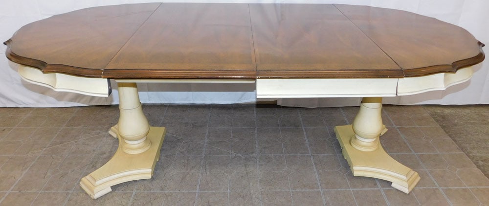 Round Painted & Walnut Dining Table with Two Leaves by White Furniture: Round Painted & Walnut Dining Table with Two Leaves by White Furniture. 29 1/2" H 83" L 44" W "ALL DESCRIPTIONS AND ANY CONDITION STATEMENT GIVEN BY LANGSTON AUCTION GALLERY ARE STRICTLY OPINIONS AND 