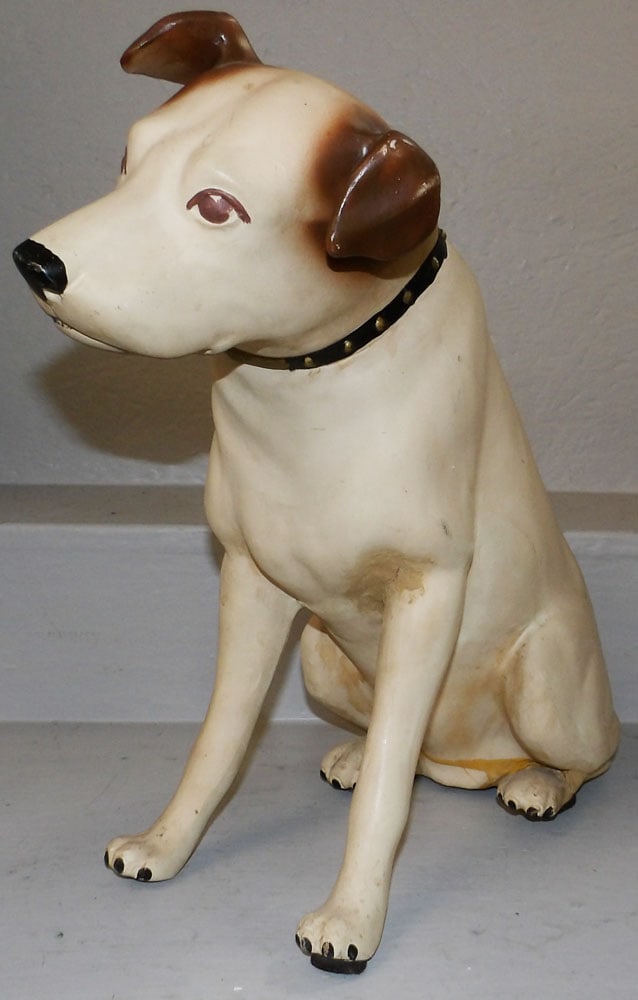 Vintage Painted Resin Dog Statue: Vintage Painted Resin Dog Statue. 11 3/4" H 17" W "ALL DESCRIPTIONS AND ANY CONDITION STATEMENT GIVEN BY LANGSTON AUCTION GALLERY ARE STRICTLY OPINIONS AND LANGSTON'S SHALL HAVE NO RESPONSIBILITY FOR 