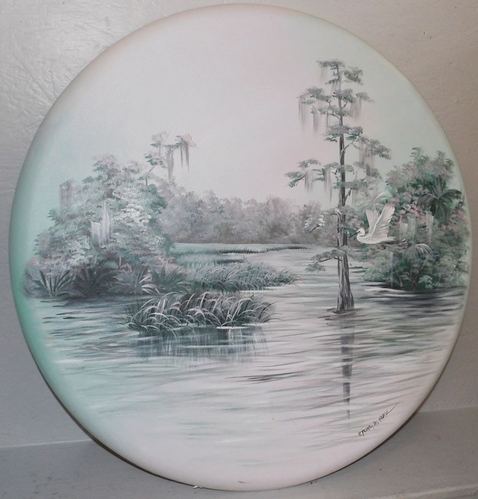 Round Framed Oil on Canvas of Heron Flying Over Water, Artist Signed: Round Framed Oil on Canvas of Heron Flying Over Water, Artist Signed. 30 1/2" Dia. "ALL DESCRIPTIONS AND ANY CONDITION STATEMENT GIVEN BY LANGSTON AUCTION GALLERY ARE STRICTLY OPINIONS AND LANGSTON'S