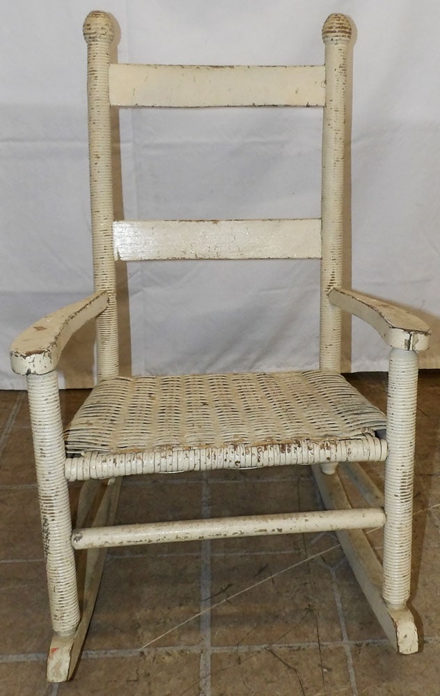 Antique Painted Wood & Rattan Seat Child's Rocker: Antique Painted Wood & Rattan Seat Child's Rocker. 24 1/4" H 16" W 21" D "ALL DESCRIPTIONS AND ANY CONDITION STATEMENT GIVEN BY LANGSTON AUCTION GALLERY ARE STRICTLY OPINIONS AND LANGSTON'S SHALL