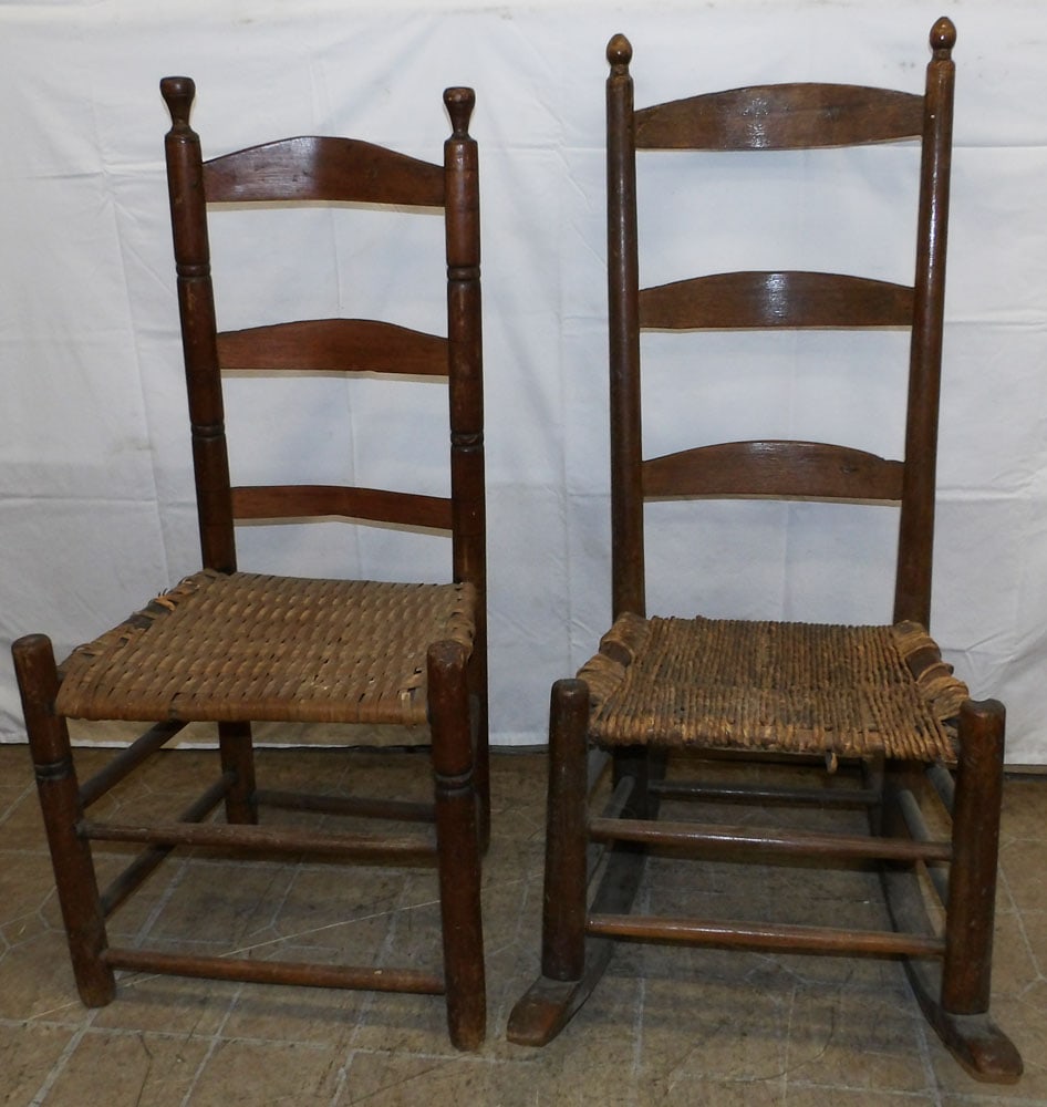Antique Ladder Back Rocker & Side Chair: Antique Ladder Back Rocker & Side Chair . Up to 39 1/2" H 18 1/2" W 28 1/2" D "ALL DESCRIPTIONS AND ANY CONDITION STATEMENT GIVEN BY LANGSTON AUCTION GALLERY ARE STRICTLY OPINIONS AND LANGSTON'S