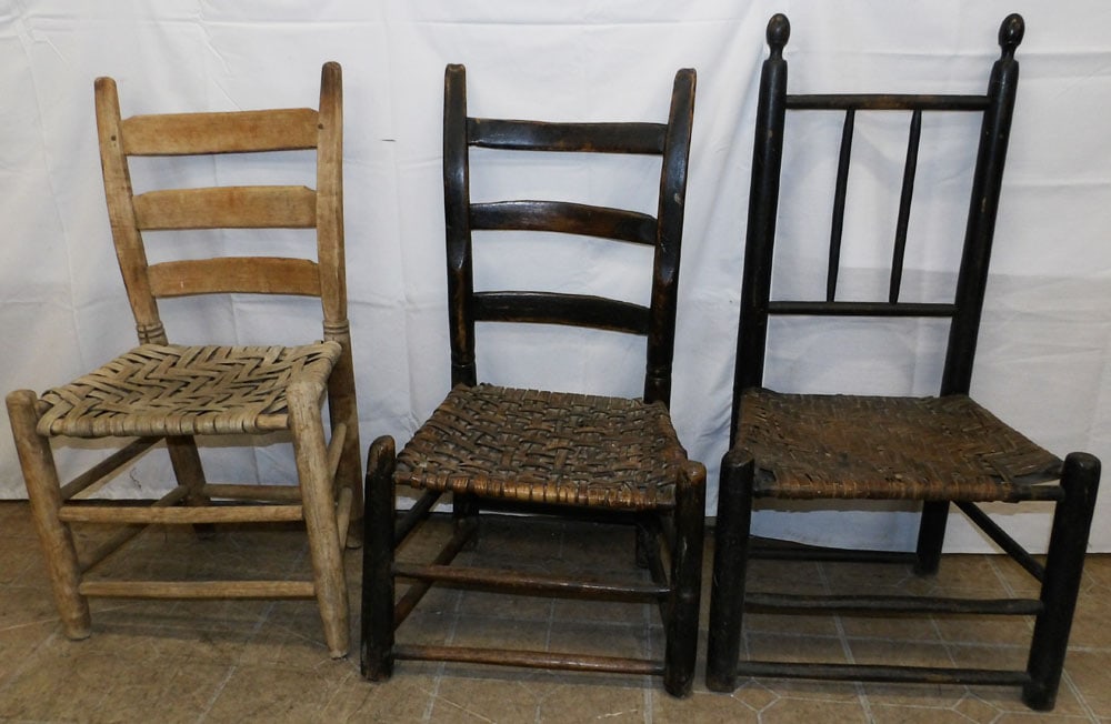Three Antique Side Chairs: Three Antique Side Chairs. Up to 35 1/2" H 19" W 14" D "ALL DESCRIPTIONS AND ANY CONDITION STATEMENT GIVEN BY LANGSTON AUCTION GALLERY ARE STRICTLY OPINIONS AND LANGSTON'S SHALL HAVE NO