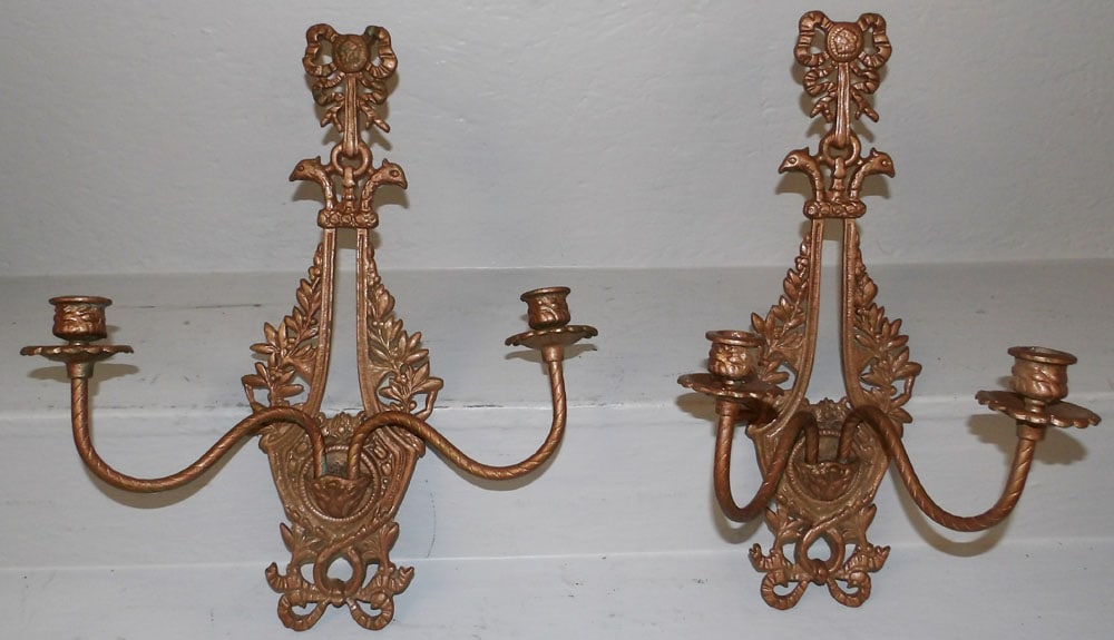 Pair of Painted Cast Iron Sconces: Pair of Painted Cast Iron Sconces . 17 1/2" x 5 3/4" "ALL DESCRIPTIONS AND ANY CONDITION STATEMENT GIVEN BY LANGSTON AUCTION GALLERY ARE STRICTLY OPINIONS AND LANGSTON'S SHALL HAVE NO RESPONSIBILITY