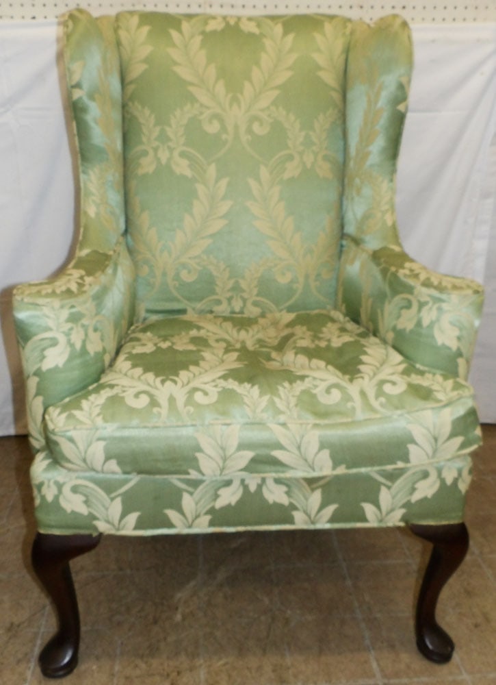 Mahogany & Upholstered Wing Back Chair with Down Cushion by Hickory Chair: Mahogany & Upholstered Wing Back Chair with Down Cushion by Hickory Chair . 43 1/4" H 30" W 32" D "ALL DESCRIPTIONS AND ANY CONDITION STATEMENT GIVEN BY LANGSTON AUCTION GALLERY ARE STRICTLY OPINIONS