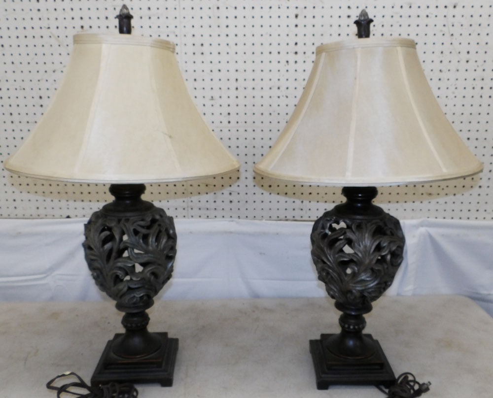 Pair of Painted Resin Lamps: Pair of Painted Resin Lamps . 33 1/2" H 8" Dia. "ALL DESCRIPTIONS AND ANY CONDITION STATEMENT GIVEN BY LANGSTON AUCTION GALLERY ARE STRICTLY OPINIONS AND LANGSTON'S SHALL HAVE NO RESPONSIBILITY FOR