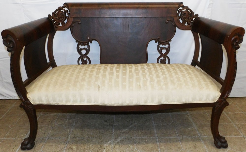Antique Burl Mahogany Settee: Antique Burl Mahogany Settee. 34" H 51" W 26" D "ALL DESCRIPTIONS AND ANY CONDITION STATEMENT GIVEN BY LANGSTON AUCTION GALLERY ARE STRICTLY OPINIONS AND LANGSTON'S SHALL HAVE NO RESPONSIBILITY FOR