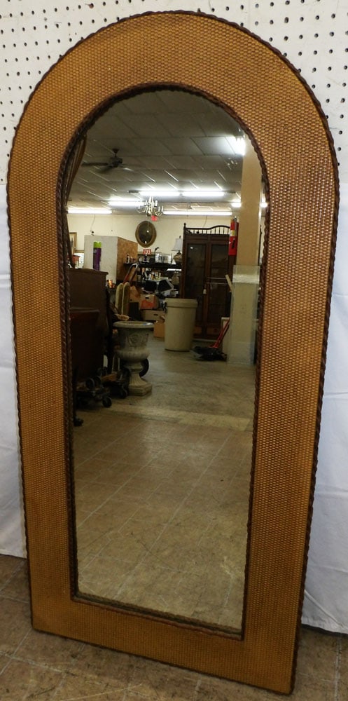 Rattan Framed Mirror: Rattan Framed Mirror. 54 1/2" x 26 1/2" "ALL DESCRIPTIONS AND ANY CONDITION STATEMENT GIVEN BY LANGSTON AUCTION GALLERY ARE STRICTLY OPINIONS AND LANGSTON'S SHALL HAVE NO RESPONSIBILITY FOR ERRORS OR