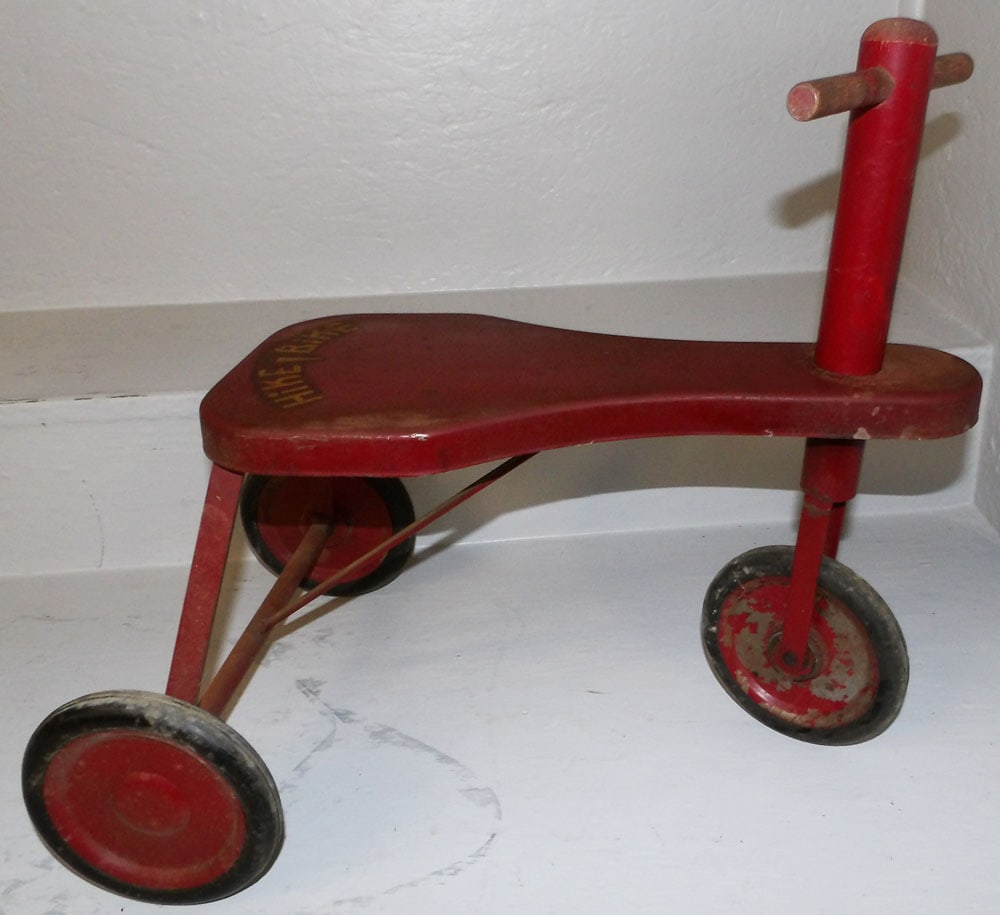 Antique Painted Metal & Wood Hike Bike: Antique Painted Metal & Wood Hike Bike . 17" H 12 1/4" W 19 1/2" D "ALL DESCRIPTIONS AND ANY CONDITION STATEMENT GIVEN BY LANGSTON AUCTION GALLERY ARE STRICTLY OPINIONS AND LANGSTON'S SHALL HAVE NO