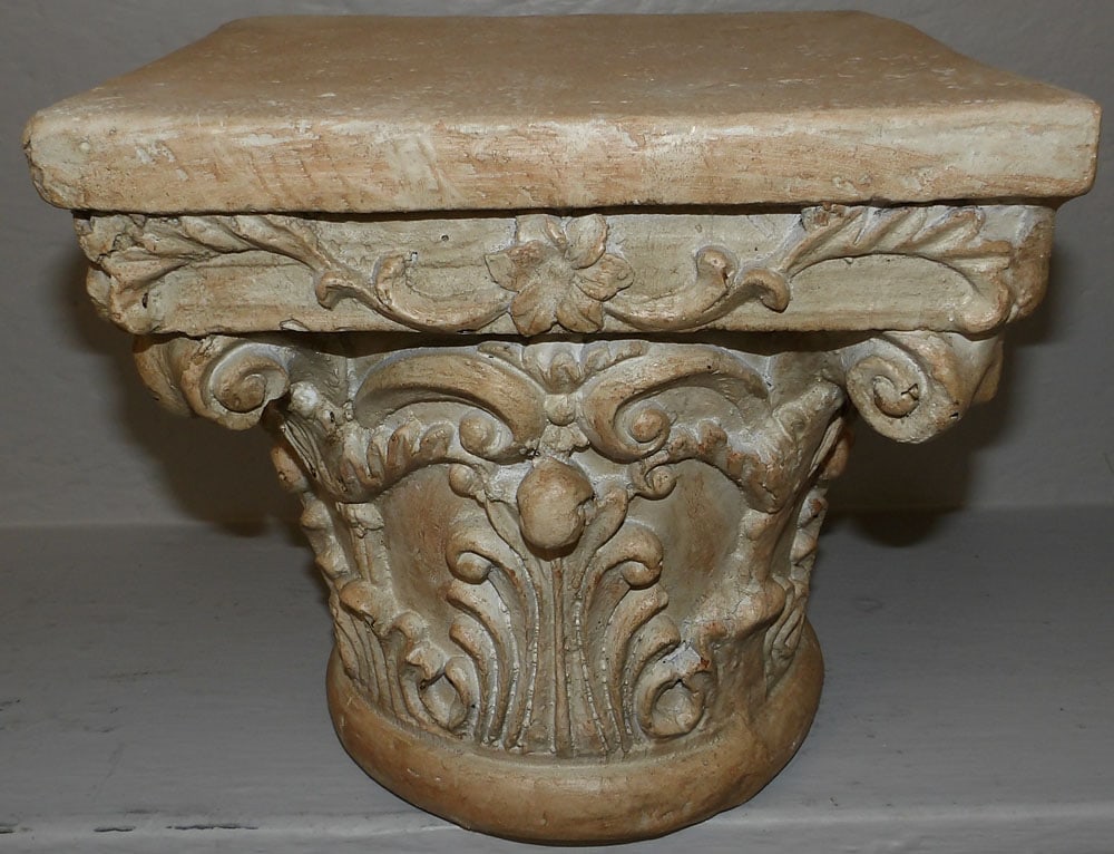 Painted Ceramic Corinthian Column Cap: Painted Ceramic Corinthian Column Cap. 9 1/2" H 10" Dia. "ALL DESCRIPTIONS AND ANY CONDITION STATEMENT GIVEN BY LANGSTON AUCTION GALLERY ARE STRICTLY OPINIONS AND LANGSTON'S SHALL HAVE NO RESPONSIBILI