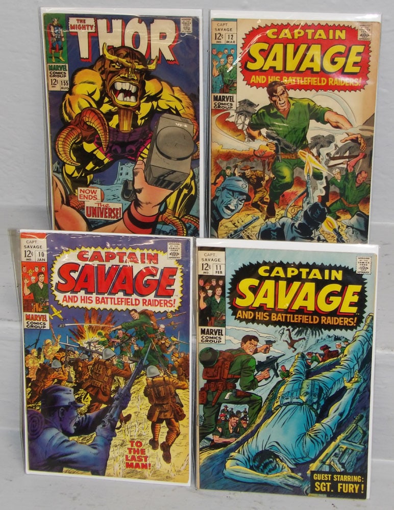 Three 1960's Marvel's Captain Savage & One 1960's Marvel Thor Comic Books: Three 1960's Marvel's Captain Savage & One 1960's Marvel Thor Comic Books. Up to 7" x 10 "ALL DESCRIPTIONS AND ANY CONDITION STATEMENT GIVEN BY LANGSTON AUCTION GALLERY ARE STRICTLY OPINIONS AND