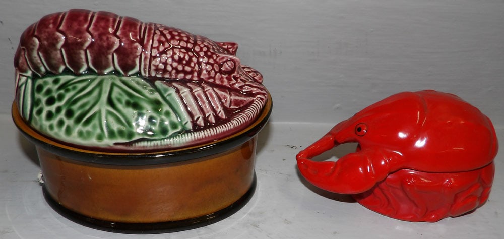 Two Crab & Lobster Motif Covered Dishes: Two Crab & Lobster Motif Covered Dishes . Up to 4 1/2" H 6 1/2" W 4 1/2" D "ALL DESCRIPTIONS AND ANY CONDITION STATEMENT GIVEN BY LANGSTON AUCTION GALLERY ARE STRICTLY OPINIONS AND LANGSTON'S SHALL HA