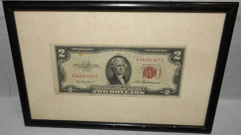 Framed 1953 Red Seal U.S. $2 Dollar Bill: Framed 1953 Red Seal U.S. $2 Dollar Bill. Frame: 6 1/4" x 9 1/.2" "ALL DESCRIPTIONS AND ANY CONDITION STATEMENT GIVEN BY LANGSTON AUCTION GALLERY ARE STRICTLY OPINIONS AND LANGSTON'S SHALL HAVE NO RES