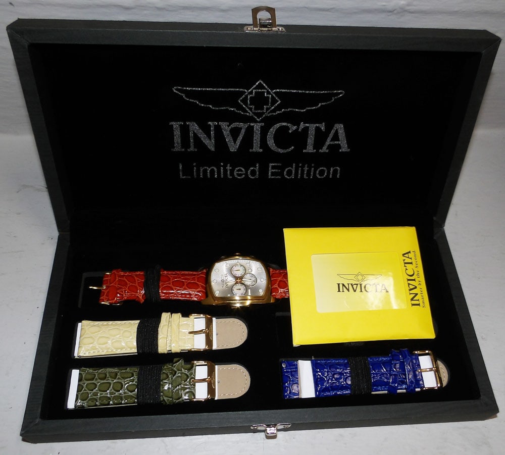 Invicta Limited Edition Men's Wristwatch with Extra Straps, Case, & Papers: Invicta Limited Edition Men's Wristwatch with Extra Straps, Case, & Papers. Case: 12 1/4" x 6" "ALL DESCRIPTIONS AND ANY CONDITION STATEMENT GIVEN BY LANGSTON AUCTION GALLERY ARE STRICTLY OPINIONS AND