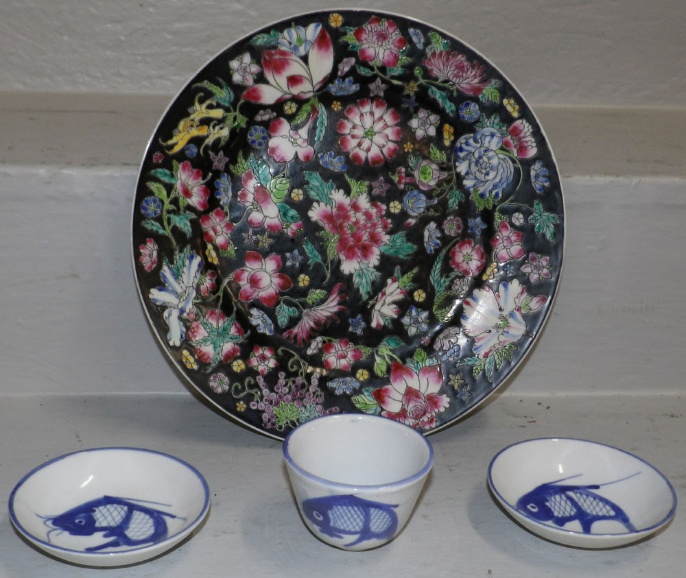 Three Pieces of Chinese Blue & White Koi Porcelain & Chinese Famille Rose Plate: Three Pieces of Chinese Blue & White Koi Porcelain & Chinese Famille Rose Plate. Up to 10" Dia. "ALL DESCRIPTIONS AND ANY CONDITION STATEMENT GIVEN BY LANGSTON AUCTION GALLERY ARE STRICTLY OPINIONS AN