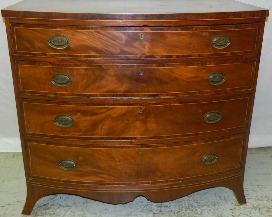 Bowfront Hepplewhite chest w/ original brasses.: Bowfront Hepplewhite chest with original brasses. 43" wide x 22 1/4" deep x 38 1/4" tall.
