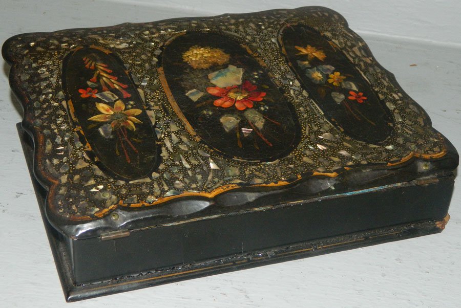 Mother of pearl papier mache lap desk.: Mother of pearl papier mache lap desk. 11" wide x 8 1/2" deep.
