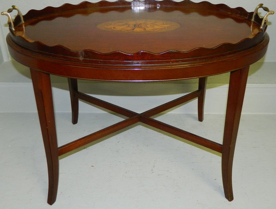Inlaid mahogany gallery tray on stand.: Inlaid mahogany gallery tray on stand.