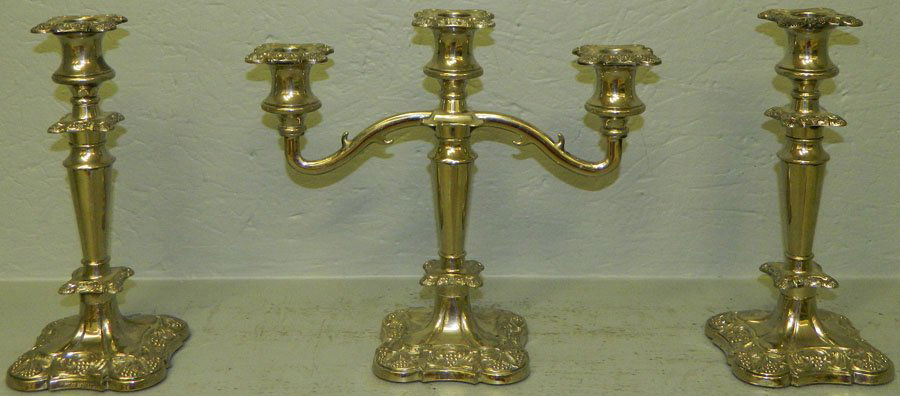 3 pc silver plate Sheffield style candelabra set.: Three piece silver plate Sheffield style candelabra set.