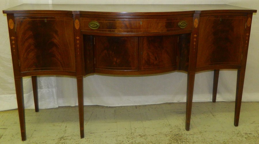 Inlaid mahogany HW sideboard.: Inlaid mahogany Hepplewhite sideboard with bellflower inlay from a Wilmington estate. 72" wide x 24 3/4" deep x 40 1/2" tall.