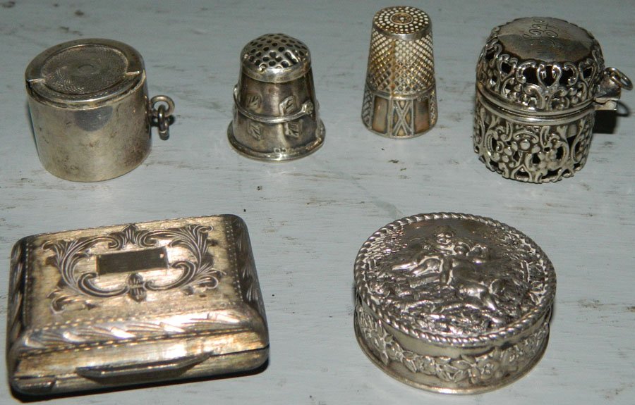 Six pieces of sterling. 1.78 troy oz.: Six pieces of sterling. Includes miniature box and thimbles. 1.78 troy ounces.