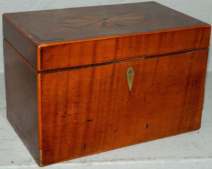 19th Century tiger maple shell inlaid tea caddy.: 19th Century tiger maple shell inlaid tea caddy. 7 1/4" wide x 4 1/4" deep x 4 3/4" tall.