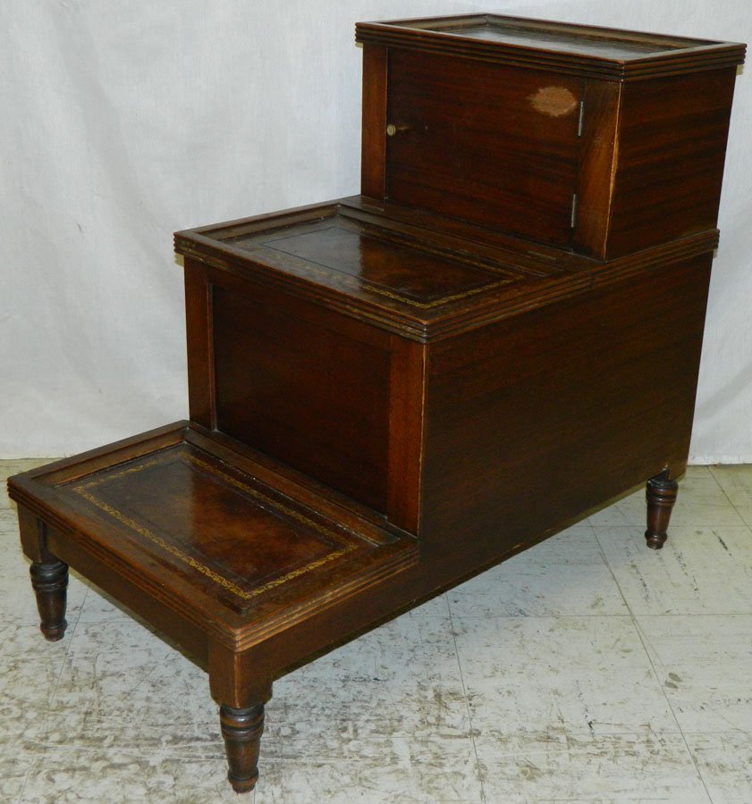 Mahogany bed steps with tooled leather top.: Mahogany bed steps with tooled leather tops.