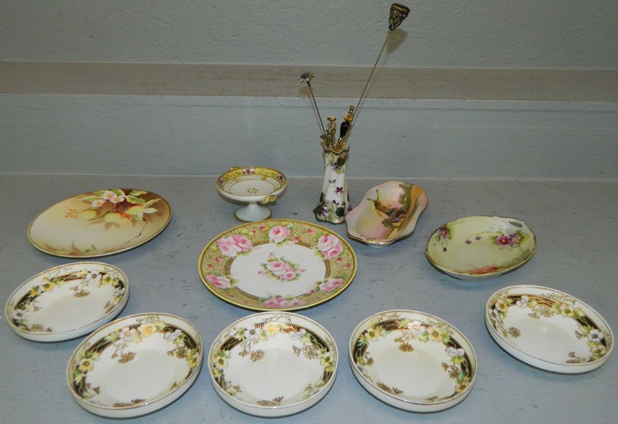 (11) Pieces of Nippon.: (11) Pieces of Nippon. Includes hat pin holder with (7) hat pins, (5) berry bowls, (3) two handle dishes and (2) plates.