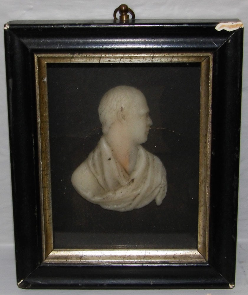 Small Antique Framed Parian Style Portrait Bust: Small Antique Framed Parian Style Portrait Bust . 6 1/2" x 5 1/4" ALL DESCRIPTIONS AND ANY CONDITION STATEMENT GIVEN BY LANGSTON AUCTION GALLERY ARE STRICTLY OPINIONS AND LANGSTON'S SHALL HAVE NO RESP