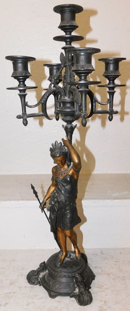 Antique Painted Metal Figural Candelabra: Antique Painted Metal Figural Candelabra. 23 3/4" H 7 1/4" Dia. ALL DESCRIPTIONS AND ANY CONDITION STATEMENT GIVEN BY LANGSTON AUCTION GALLERY ARE STRICTLY OPINIONS AND LANGSTON'S SHALL HAVE NO RESPON