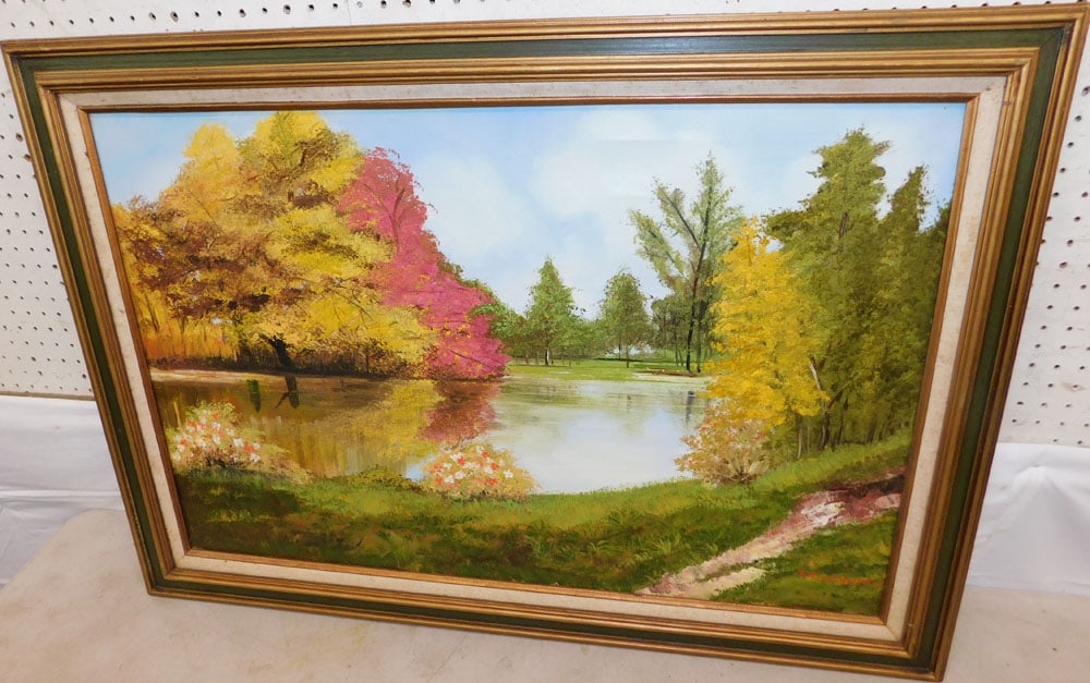 Framed Oil on Canvas Lake Scene: Framed Oil on Canvas Lake Scene . 30 1/4" x 42 1/4" ALL DESCRIPTIONS AND ANY CONDITION STATEMENT GIVEN BY LANGSTON AUCTION GALLERY ARE STRICTLY OPINIONS AND LANGSTON'S SHALL HAVE NO RESPONSIBILITY