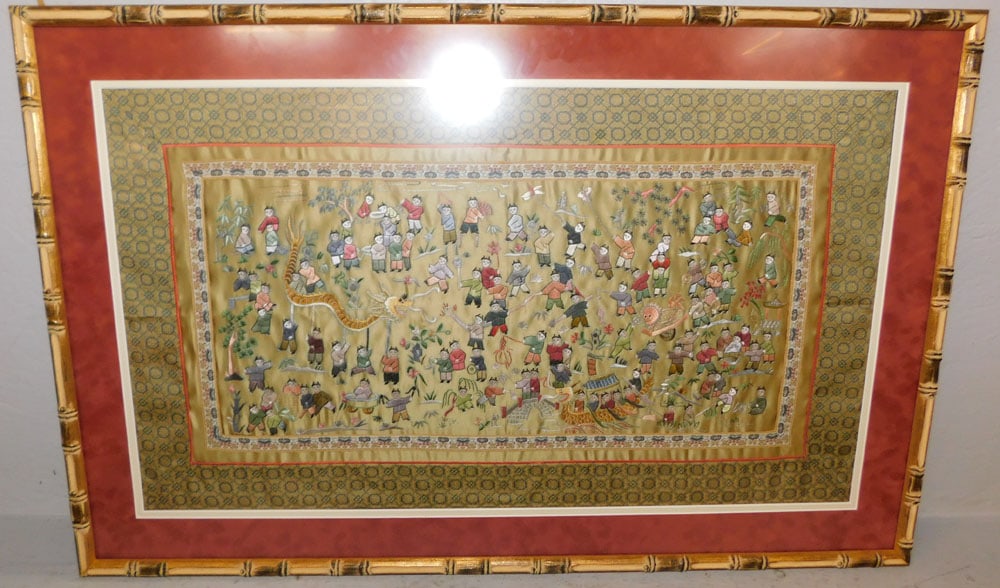 Framed Oriental Silk Embroidery in Faux Bamboo Frame: Framed Oriental Silk Embroidery in Faux Bamboo Frame . 22" x 34 1/4" ALL DESCRIPTIONS AND ANY CONDITION STATEMENT GIVEN BY LANGSTON AUCTION GALLERY ARE STRICTLY OPINIONS AND LANGSTON'S SHALL HAVE NO R