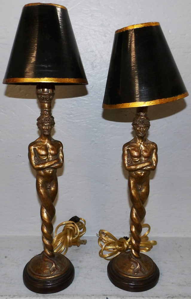 Pair of Gilded Figural Nude Lamps by Marco California: Pair of Gilded Figural Nude Lamps by Marco California . 20" H Shade: 6 1/4" Dia. ALL DESCRIPTIONS AND ANY CONDITION STATEMENT GIVEN BY LANGSTON AUCTION GALLERY ARE STRICTLY OPINIONS AND LANGSTON'S SHA