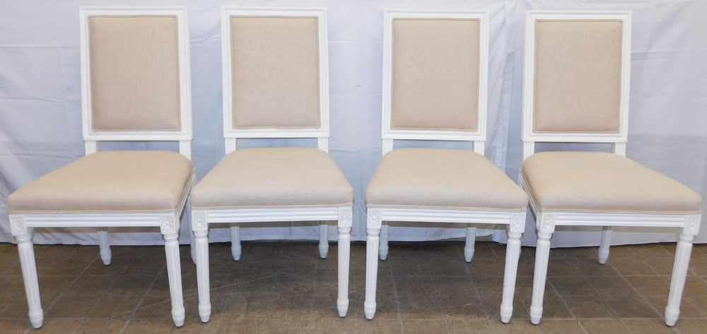 Set of Four Carved Wood White Lacquered & Upholstered Dining Chairs: Set of Four Carved Wood White Lacquered & Upholstered Dining Chairs . 40" H 20" W 20" D ALL DESCRIPTIONS AND ANY CONDITION STATEMENT GIVEN BY LANGSTON AUCTION GALLERY ARE STRICTLY OPINIONS AND LANGSTO