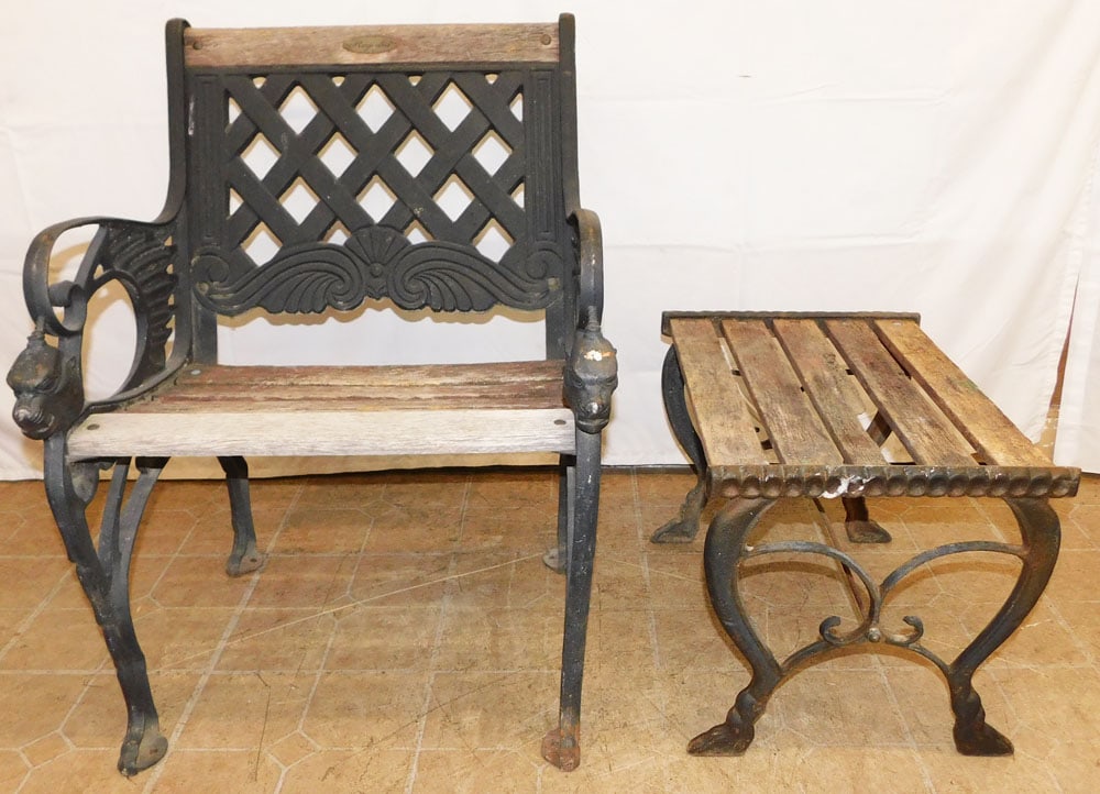 Painted Cast Iron & Wood Arm Chair & Ottoman (1 of 12)