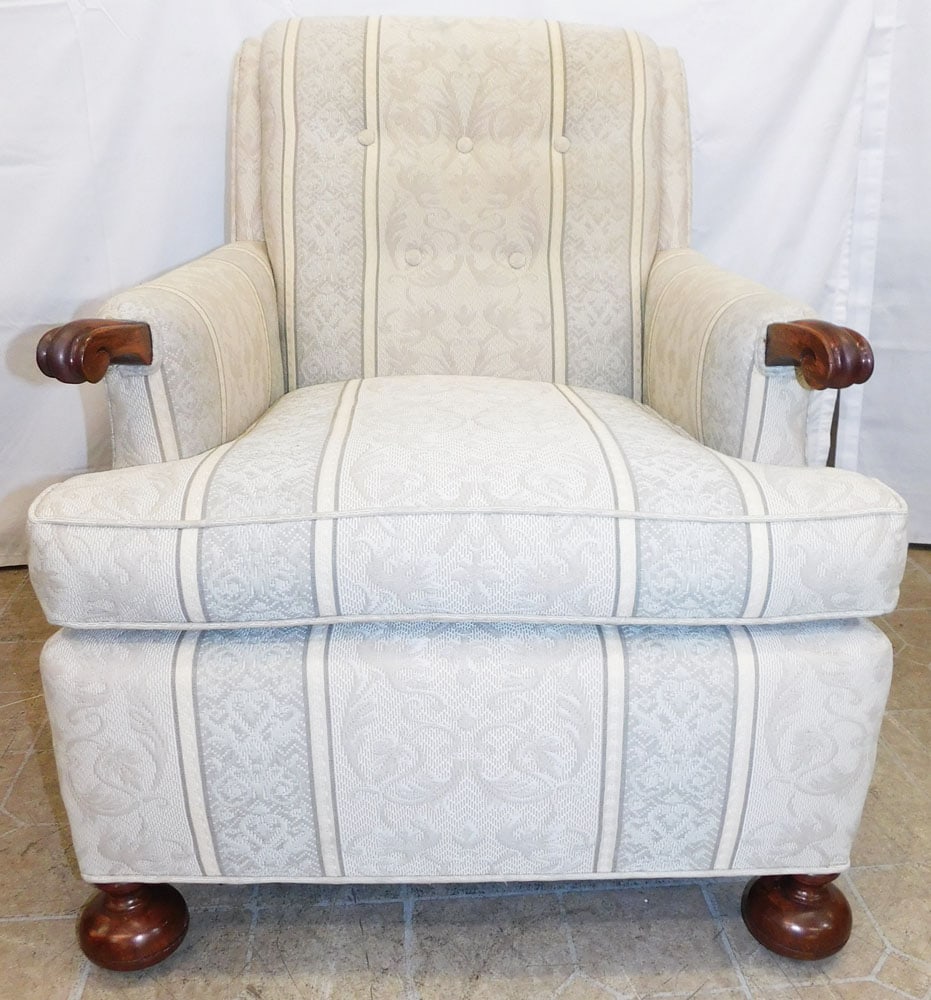 Walnut & Upholstered Arm Chair: Walnut & Upholstered Arm Chair . 32 1/2" H 28 1/2" W 36" D ALL DESCRIPTIONS AND ANY CONDITION STATEMENT GIVEN BY LANGSTON AUCTION GALLERY ARE STRICTLY OPINIONS AND LANGSTON'S SHALL HAVE NO RESPONSIBIL