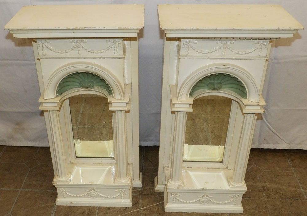 Pair of Painted Wood Column Front Wall Mirrors: Pair of Painted Wood Column Front Wall Mirrors. 27 1/4" H 14 1/4" W 7 1/2" D ALL DESCRIPTIONS AND ANY CONDITION STATEMENT GIVEN BY LANGSTON AUCTION GALLERY ARE STRICTLY OPINIONS AND LANGSTON'S SHALL H